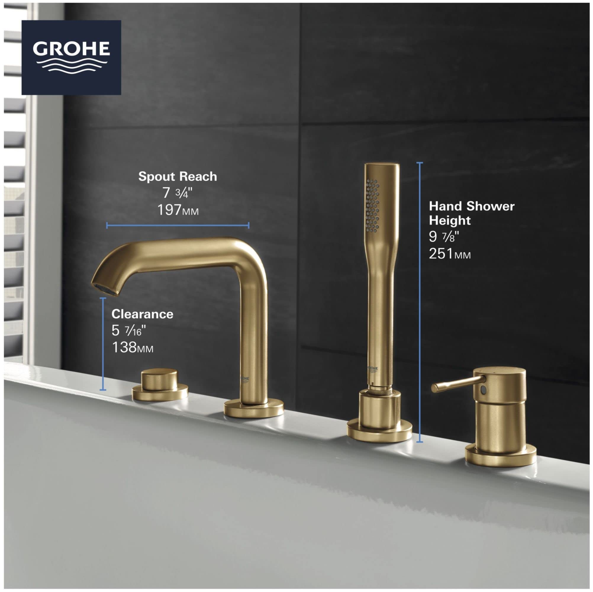 Essence Four-Hole Bathtub Faucet with Handshower, Starlight Chrome - Image 4